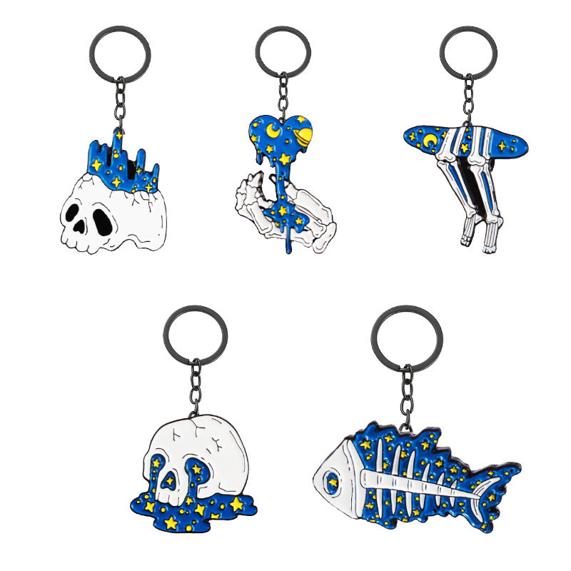 Wholesale 100pcs/pack Cute Shark Series Starry Sky Skull Zinc Alloy Keychain